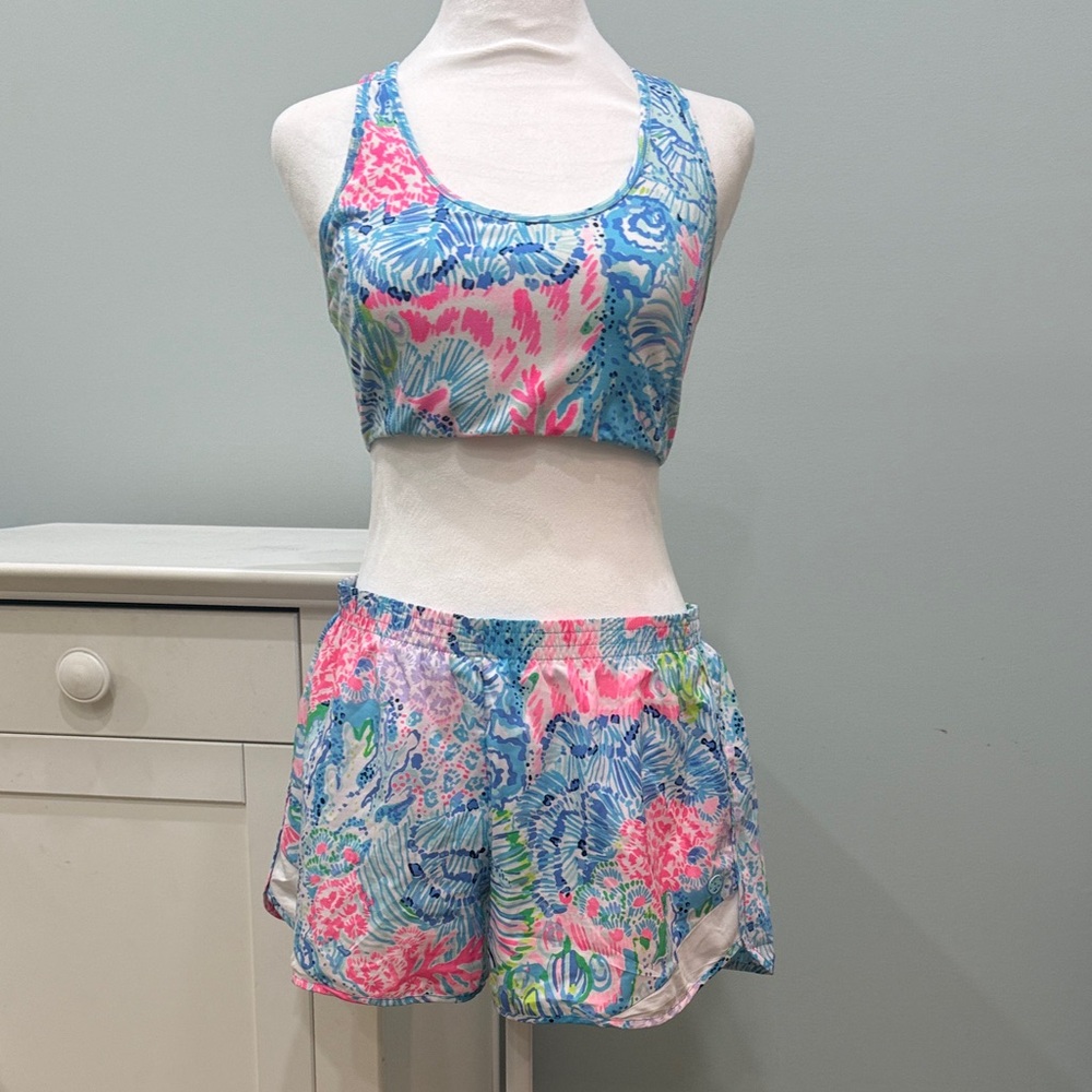 Lilly Pulitzer Luxletic Colorful Tropical Print Crop Top and Shorts Set